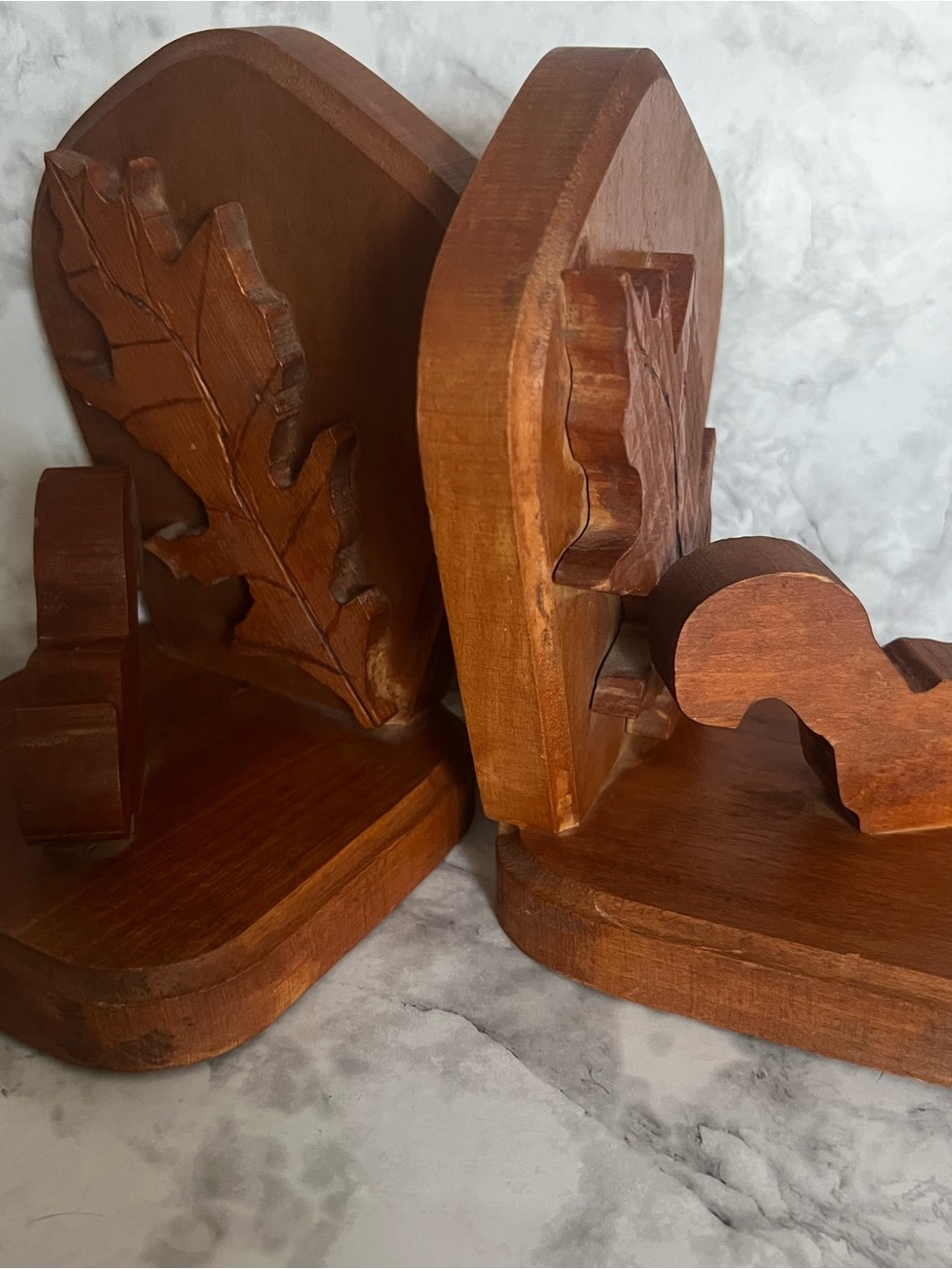 Handcrafted Brown Wooden Book Ends Leaf Accent